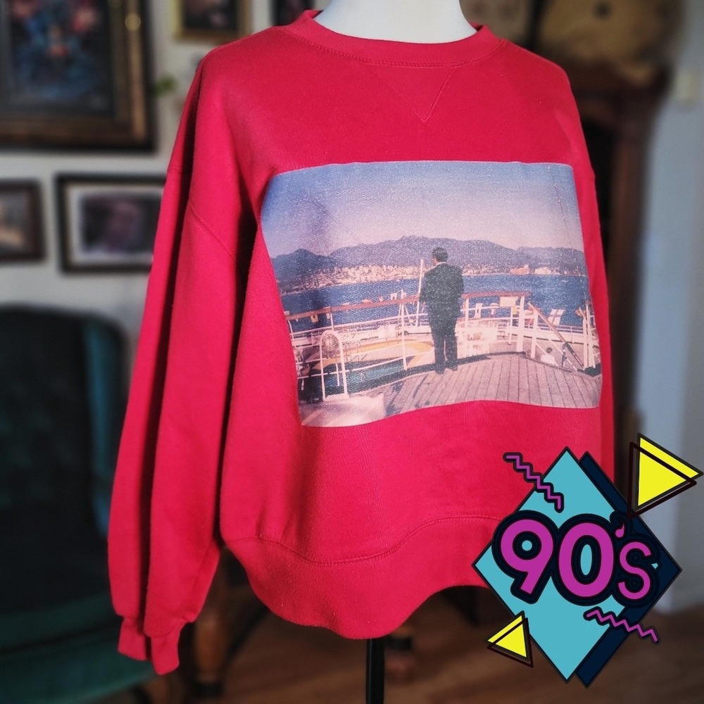 Basic‎ Editions Red Pullover Sweatshirt Vintage 90s Yacht Rock Graphic Crewneck